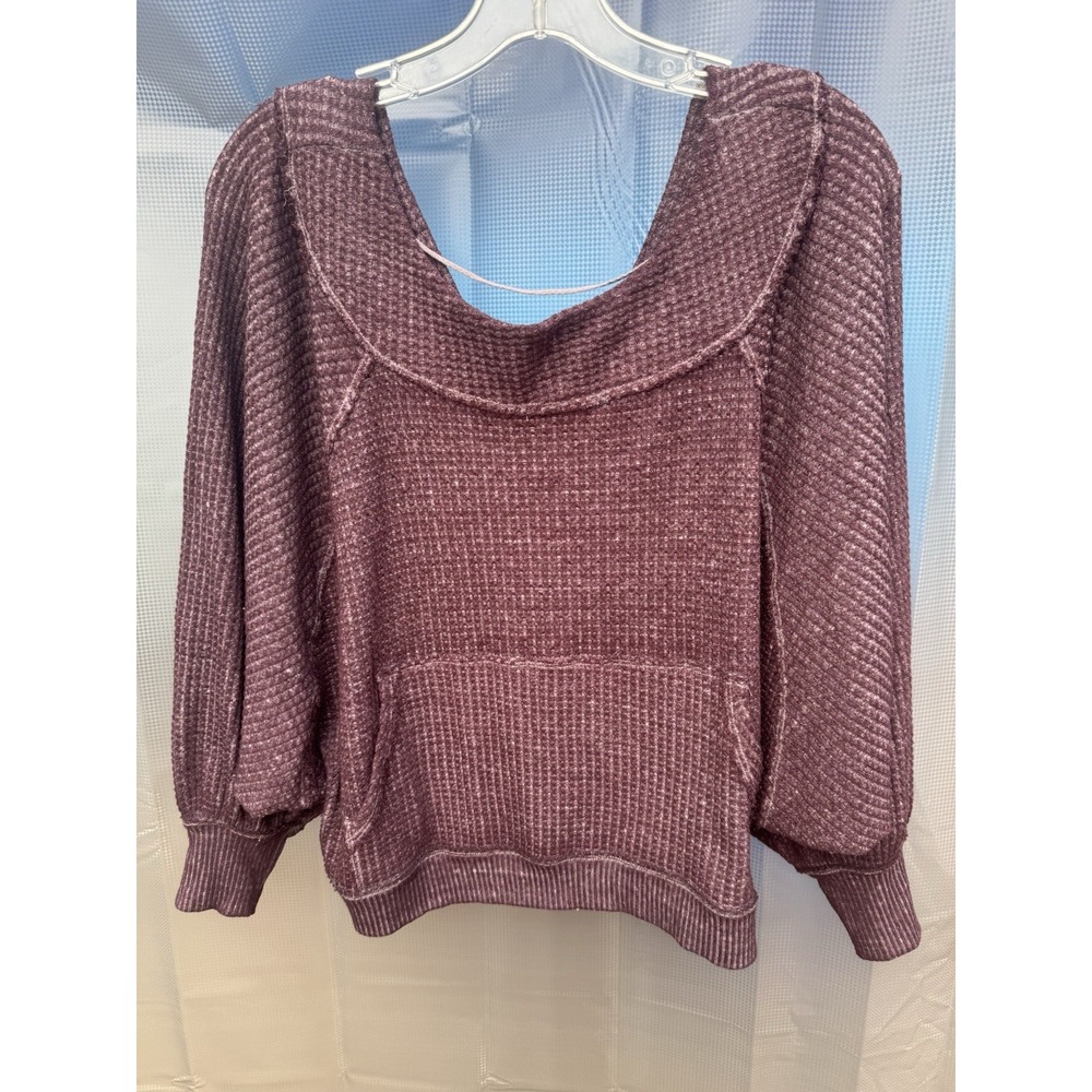 FREE PEOPLE We The Free Westend Purple Waffle Knit Thermal Top pocket Sz XS